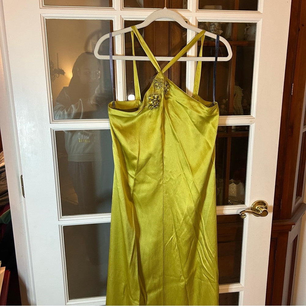 Vera Wang Lime Green Satin Maxi Dress with Embellished Halter Great Condition